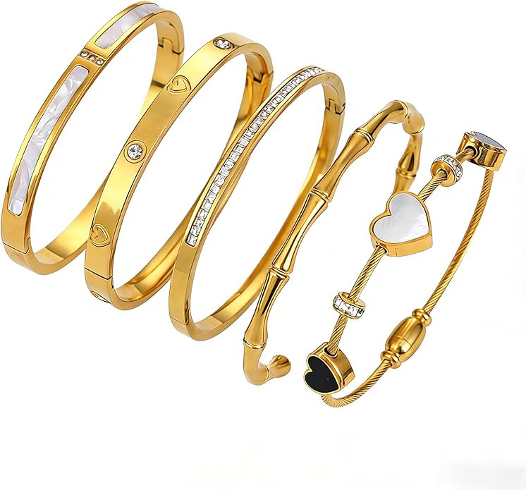 ZhiRui Women's 18K Gold Plated Stackable Bracelet Set - Waterproof Mother of Pearl Heart Cubic Zirconia Jewelry Gifts for Women