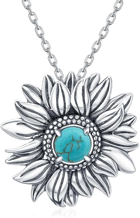 Sunflower Turquoise Necklace 925 Sterling Silver Genuine Turquoises Sunflower Necklace Western Nature Gemstone Turquoise Jewelry Gifts for Women