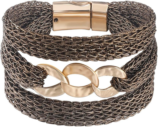 Gold Bracelet for Women Multi Chain Mesh Bracelet Wisted Orb Circle Disc Mesh Wrap bracelet for Women Statement Jewelry