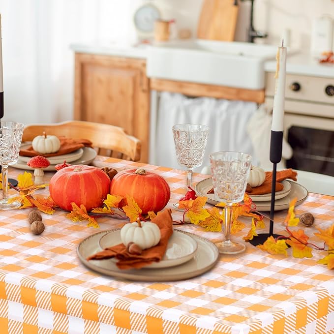 3 Pack Fall Orange Gingham Tablecloth, 54 X 108Inch Plastic Orange Checkered Table Cloth Disposable Scalloped Tablecloths Waterproof Plaid Table Cover for Autumn Harvest Picnic Wedding Birthday Party