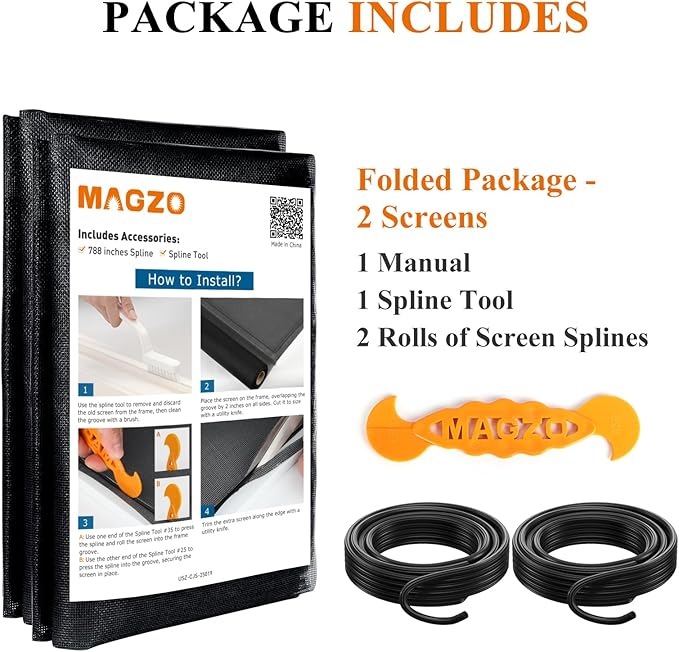 2PACK MAGZO Window&Door Screen Replacement Kit, 48''W x 99''L, with Retainer Spline (Total 65.6 FT) and Press-Fit Roller Tool, Polyester Scratch-Proof, Net Roll Repair for Sliding/House Windows, Black