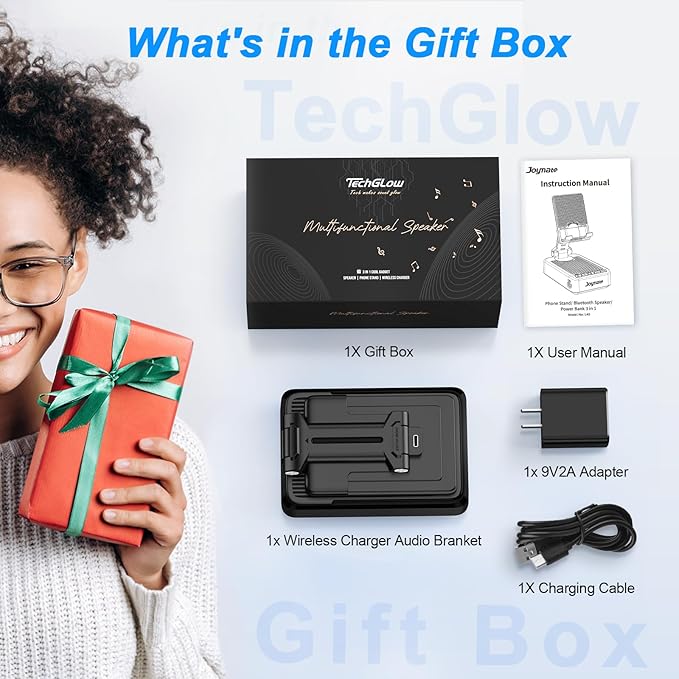 Gifts for Men Women-TechGlow Bluetooth Speaker with Phone Stand and Wireless Charger Compatible with iPhone 16 15 14 13 Pro XS 8 Plus Samsung Galaxy S25 S24 S23 Note 20 Birthday Gift Idea for Mom Dad