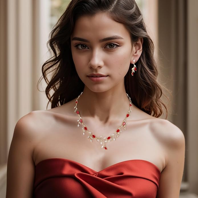 EVER FAITH Wedding Jewelry for Bride Women Bridesmaid, Sparkly Cubic Zirconia Pear-Shaped Birthstone Leaf Necklace Earrings Set for Prom