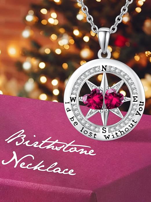 Compass Necklace for Women, Exquisite S925 Valentines Day Anniversary Birthday Gifts for Wife Her Double Birthstone Pendant Jewelry ‘I'd be Lost Without You’
