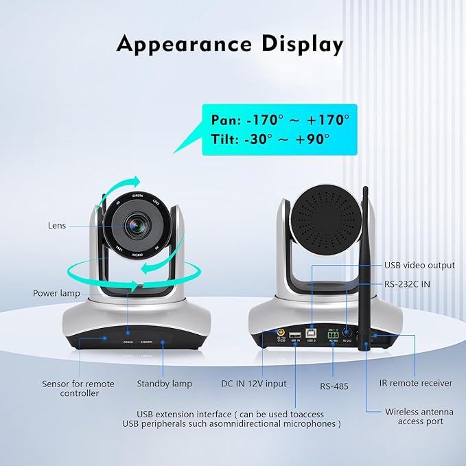 TOALLIN Wireless PTZ Conference Room Camera, 10X Optical Zoom, 1080P Full HD Video Calling and Streaming, Wireless Conference Webcam for Video Conferencing/Church Services Worship/Online Teaching