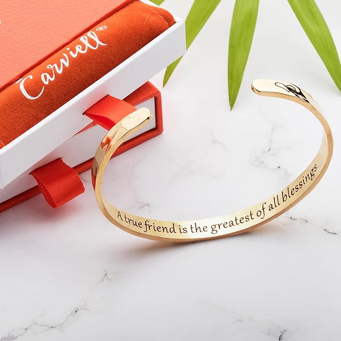 Carviell Engraved Cuff Bracelets for Women – Inspirational, Friendship, Love, Mom, Daughter, Sister, Christian, Graduation, Memorial & Wedding Gifts – 80+ Phrases – Stainless Steel, Gift-Ready
