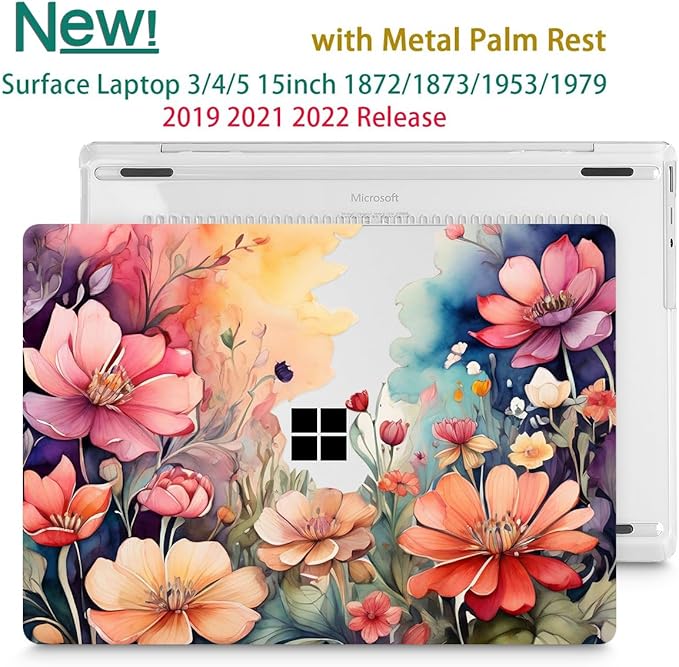 Tuiklol Case for 15 Inch Microsoft Surface Laptop 5/4/3 2022-2020, Model 1979/1953/1872/1873 Hard Shell Cover, Keyboard Cover+Screen Protector+Dust Plugs,Ilustration Flowers