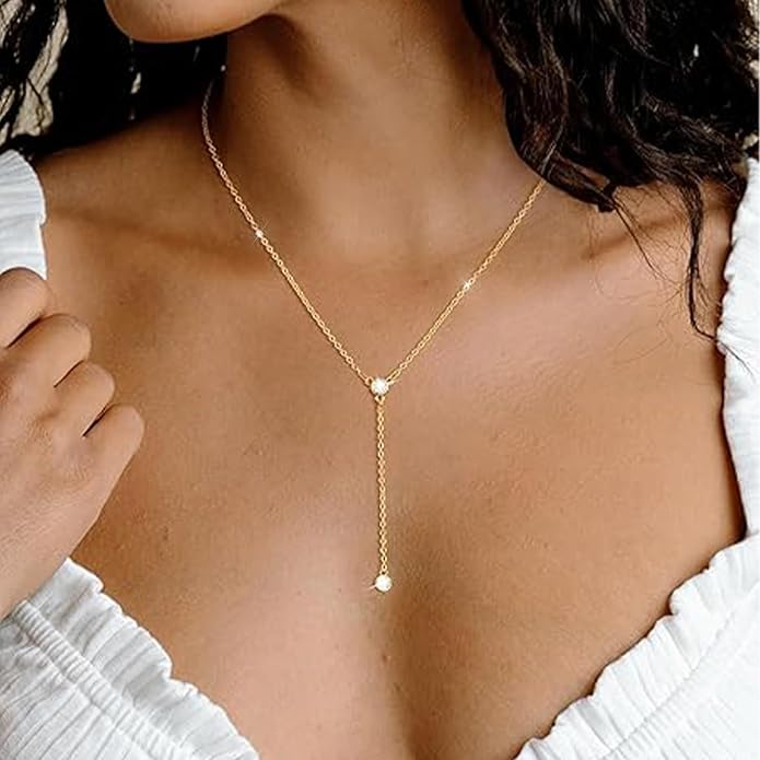 Luxval Lariat Gold Necklace for Women, Dainty Long Necklace 14k Gold Plated/Silver Y-Shaped Pendant Necklaces Trendy Beaded Chain Drop Necklaces Jewelry for Women Gifts