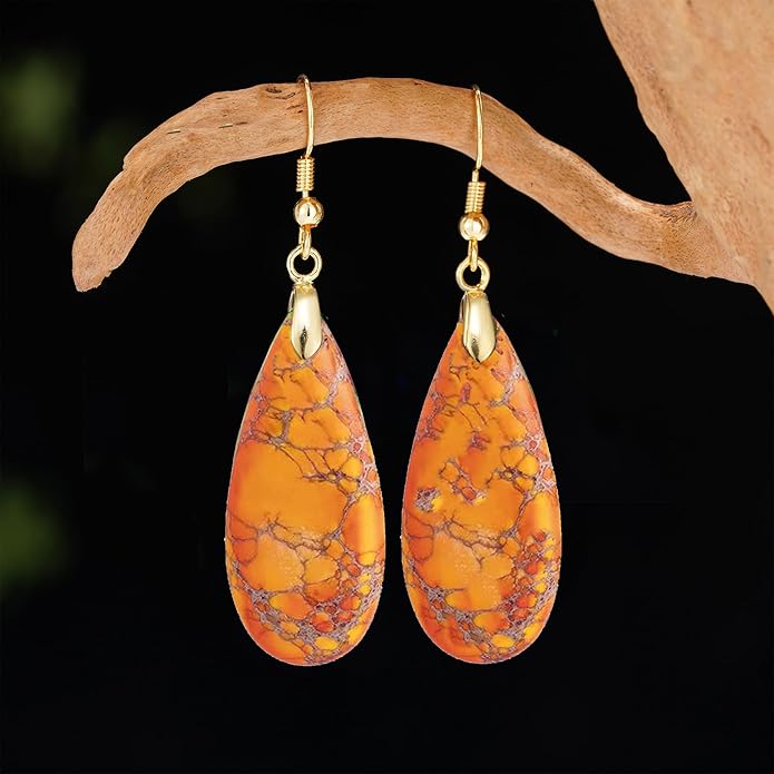 Boho Women Natural Stone Earrings Unique Healing Imperial Jasper Gemstone Energy Hypoallergenic Lightweight Dangle Drop Earrings Multiple Styles Earrings Jewelry for Birthday Party Gift