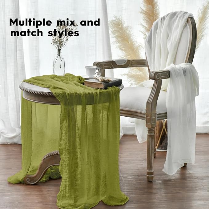 Artoid Mode Boho Cheesecloth Gauze Grass Green Wedding Table Runner, 120 Inch Seasonal Spring Fabric Kitchen Dining Holiday Table Decor for Home Party Indoor
