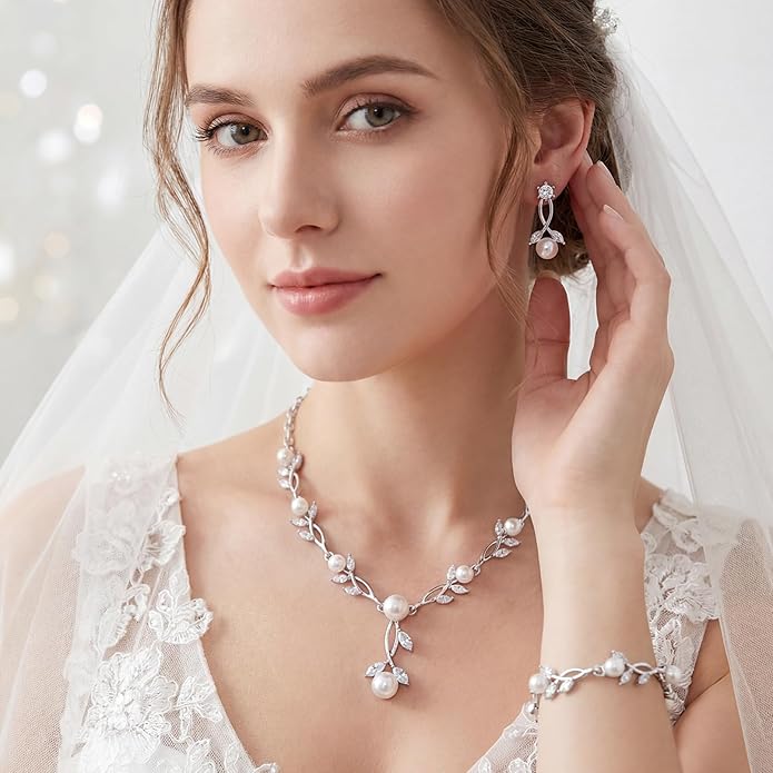 Hadskiss Wedding Jewelry Sets for Women/Brides/Bridesmaids, Cubic Zirconia Pearl Necklace Earrings Bracelet Set 18K Gold Plated Hypoallergenic Jewelry for Wedding Prom Party