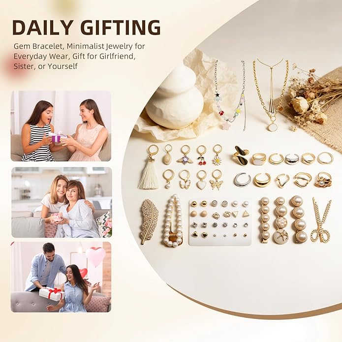 65-Piece Dainty Gold Mystery Jewelry Jar for Women, Multi-Style Gift Set with Earrings, Rings, Bracelets, Necklaces & Hair Clips – Unique Birthday Gift for Women Who Have Everything