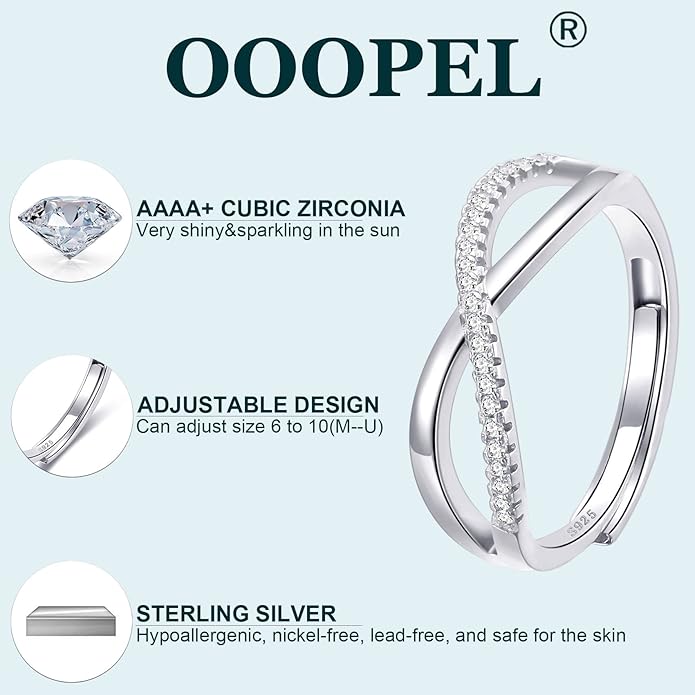OOOPEL Sterling Silver Adjustable Ring S925 Silver Rings for Women Cubic Zirconia Twist Love Knot Dainty Ring Silver Minimalist Open Finger Rings Silver Thumb Sterling Silver Ring
