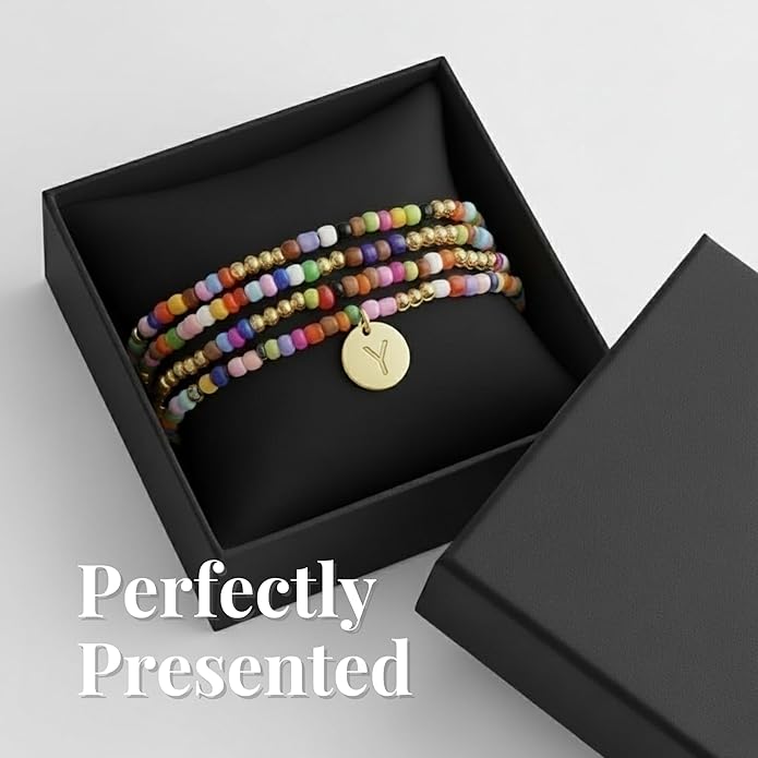 Set of 4 Colorful Bead Initial Bracelets, Personalized Stackable Jewelry, Adjustable Stretchy Charm Bracelets for Women, Beaded Bracelet Set, Trendy Custom Jewelry Gift