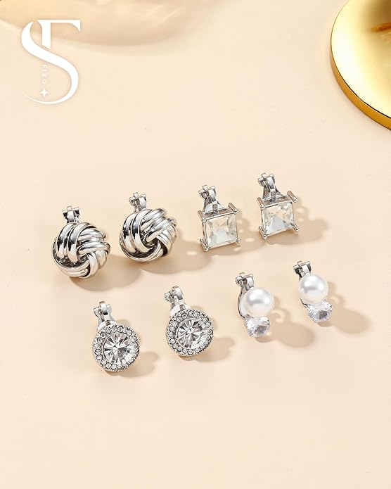 FIBO STEEL 10 Pairs Clip On Earrings for Women Non Pierced Ears CZ Pearl Knot Twist Chunky Hoop and Studs Earring Set Ear Clips Jewelry 14K Gold Plated