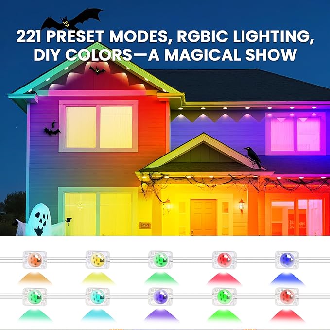 Permanent Outdoor Lights for House, 200 FT Color Changing String Lights with RGBIC & Bluetooth Remote, DIY via App for Music Sync, IP67 Waterproof Expandable LED Lights for Eaves, Patio, Lanai, Fence