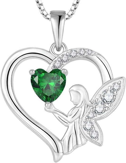 Guardian Angel Necklace 925 Sterling Silver Heart Angel Wings Pendant Birthstone Jewelry for Women