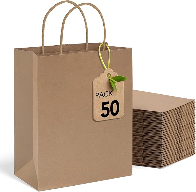 MESHA Large Paper Bags 10x5x13 Inch Kraft Shopping Paper Bags with Handles Bulk 50 Pack Large Gift Bag Retail Recycled Birthday Wedding Party Favors Brown