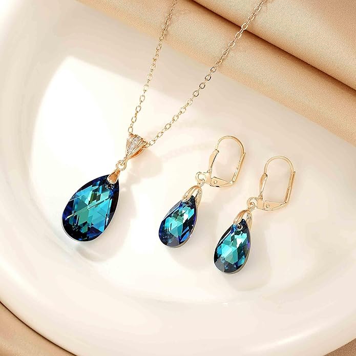 EVEVIC Austrian Crystals Teardrop Pendant Necklace Earrings for Women 14K Gold Plated Hypoallergenic Leverback Drop Dangle Earrings Jewelry Set
