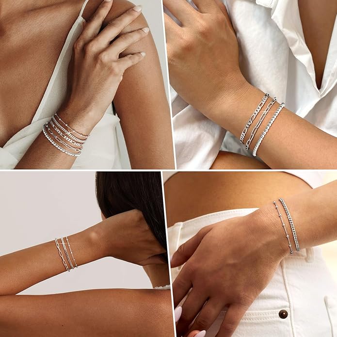 adoyi Valentines Day Gifts for Her Gold Bracelets for Women, 14K Gold Plated Stackable Bracelet Stack Set Adjustable Charm Paperclip Chain Cuban Link Layered Waterproof Jewelry Sets Gifts for Womens