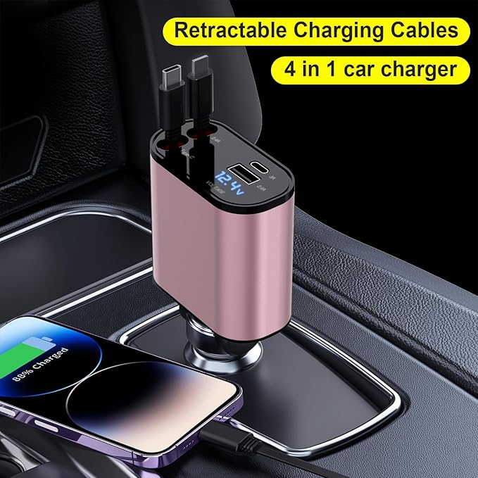 Retractable Car Charger, 4 in 1 Fast Charging 69W Cigarette Lighter Adapter Compatible with iPhone 16,Retractable Phone Charger Compatible with iPhone 16 15 14 13 12 11 Pro Max,Galaxy S25 S24,Pixel 9