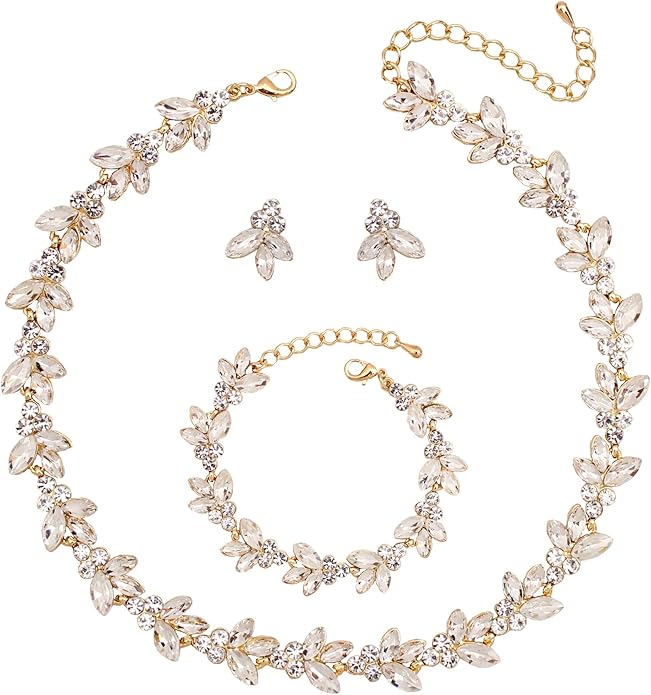 Bridal Wedding Crystal Leaf Choker Necklace Dangle Earring Bracelet Brides Bridesmaid Jewelry Set for Women