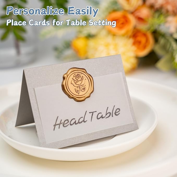 25 Pack Name Cards for Table Setting, Place Cards with Antique Gold Rose Wax Seal Sticker for Wedding, Table Tent Card Stock Handmade Decor for Party, Dinner, Home (Pearlized Silver Gray)
