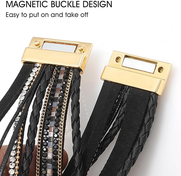Suyi Multilayer Leather Wrap Bracelet Heart-Shape Wide Cuff Bracelets for Women