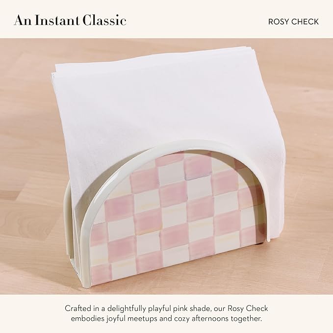 MACKENZIE-CHILDS Enamel Napkin Holder, Kitchen Napkin Holder for Table and Countertop, Pink-and-White Rosy Check