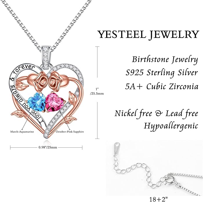 Iefil Valentines Gifts for Her Wife Women - Rose Heart Double Birthstone Necklace Gift for Wife Girlfriend Her Women, Birthstone Jewelry Gemstone Birthday Gifts for Mom Grandma Her