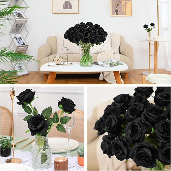 Tifuly 50 Pcs Black Roses Artificial Flowers Bulk,Realistic Long Stem Fake Silk Roses for Wedding Centerpiece Table Vases Party Home Kitchen DIY Bouquets Decor