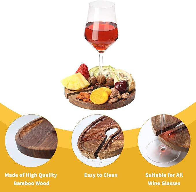 Mini Charcuterie Board with Wine Holder, Wine Glass Charcuterie Topper, Wine Gifts Accessories, Cheese Appetizer Plates for Wine Party Bars Restaurants, 7.1'' Set of 4, Acacia Wood