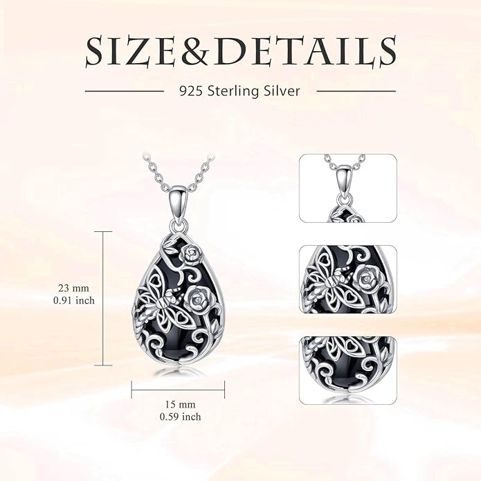 Black Onyx Necklace 925 Sterling Silver Flower Insect Pendant Teardrop Onyx Jewelry Valentines Day Birthday Gifts for Women
