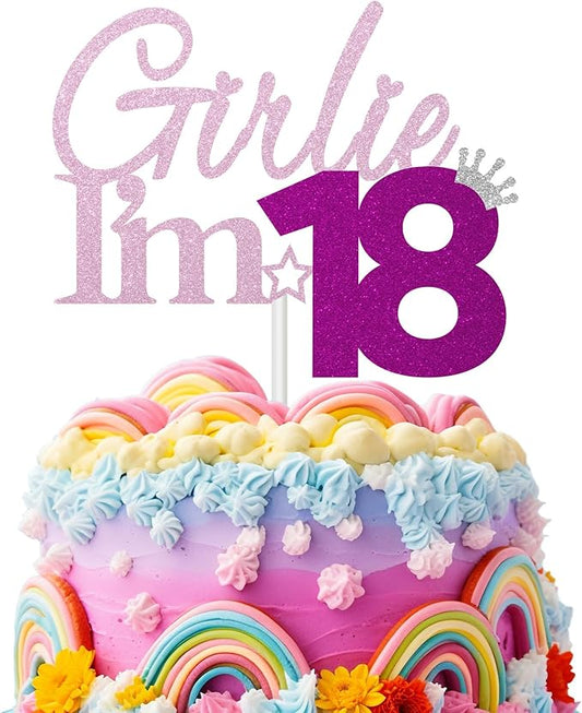 Girlie I'm 18 Cake Topper, 18th Birthday Decorations for Girl, Glitter Funny 18th Birthday Cake Topper, Girlie 18 Year Old Birthday Party Decoration Supplies