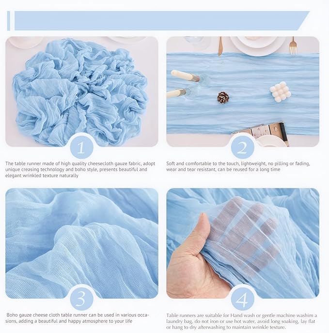 10 Pack Baby Blue Table Runner 120 Inch Cheesecloth Table Runner 10FT Boho Gauze Table Runner Long Cheese Cloth Table Runner Semi Sheer Runners for Wedding Bridal Baby Shower Party