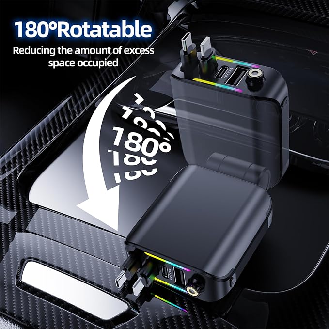 [2025 Ultra-Slim, 75% Less Space] Retractable Car Charger with Starlight, Max 120W USB C Car Charger Adapter, Cars Phone Chargers Fast Charging, Car Chargers for iPhone 16 15 Pro Max Plus and Android