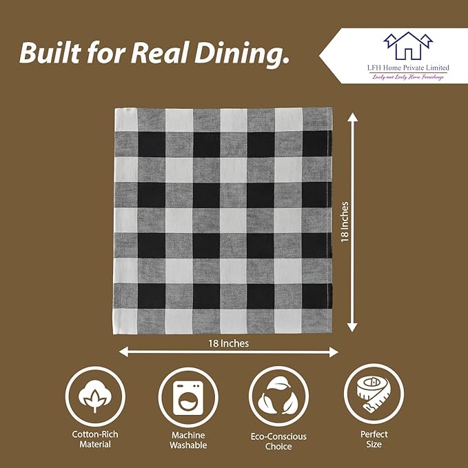 LFH Home 100% Cotton Cloth Reusable Dinner Napkins Set of 12 Washable Soft Decorative Buffalo Plaid Gingham and Checkered Table Napkins for Holidays Wedding Farmhouse Decor 18x18 Inch-Black & White