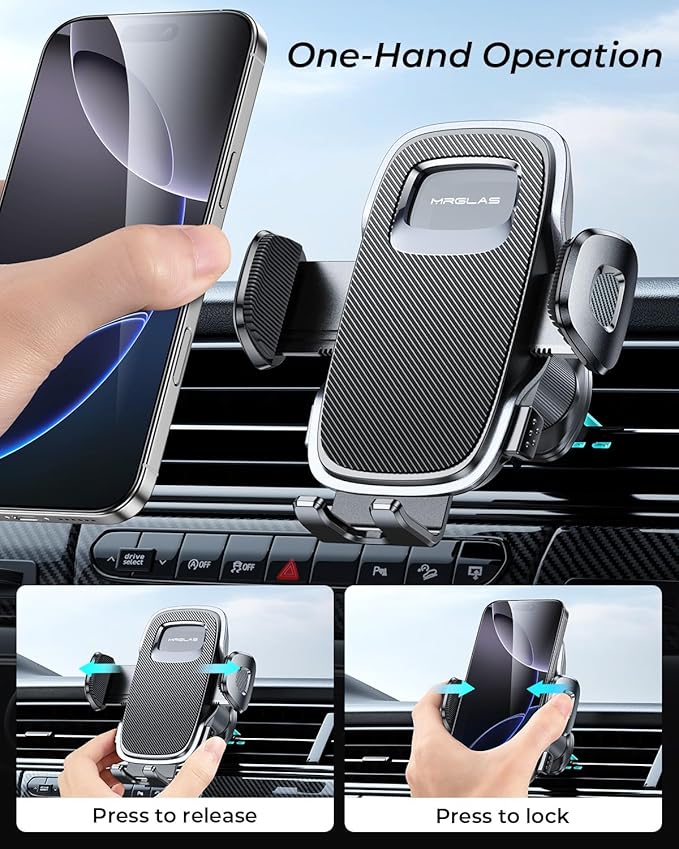 Phone Holders for Your Car with Double Metal Hook Clip, 【One-Hand Operation】 Air Vent Cell Phone Car Mount, Universal Automobile Cradle Fit for iPhone Android and All Smartphones, Dark Black