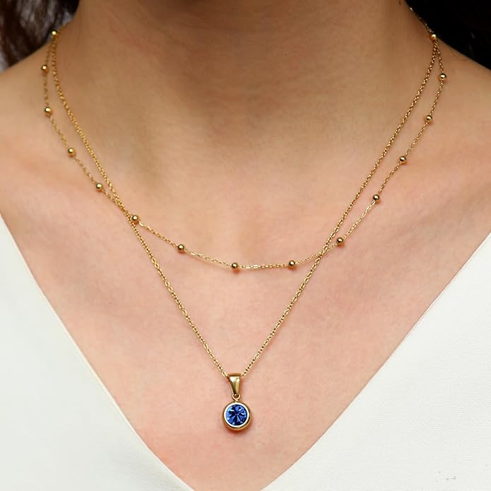 14K Gold-Plated Women's Double-Layer Birthstone Necklace Delicate Round Birthstone Pendant with a Simple Necklace, a Birthday Gift for Women Teenage Girls