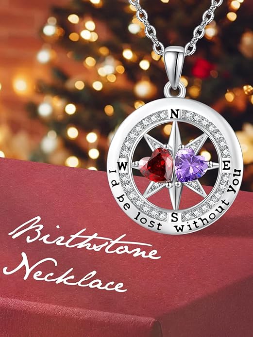 Compass Necklace for Women, Exquisite S925 Valentines Day Anniversary Birthday Gifts for Wife Her Double Birthstone Pendant Jewelry ‘I'd be Lost Without You’