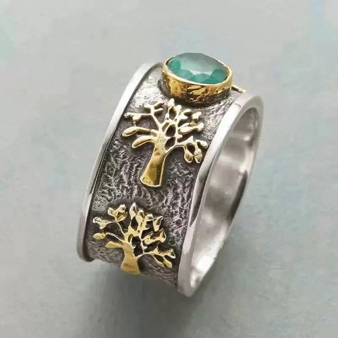 Women Tree of Life Lucky Flower Wide Band Ring Gold Pink Opal Green Enamel Resin Plated Dainty Tree Rhinestone Statement Thumb Index Full Finger Chunky Ring Party Crystal Vintage Jewelry