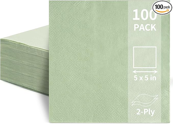100 Pack Cocktail Napkins, 2-Ply 5x5 Inch Beverage Napkins, Square Edged Disposable Paper Napkins for Wedding, Birthday Party, Dinner, Coffee Bar (Sage Green)