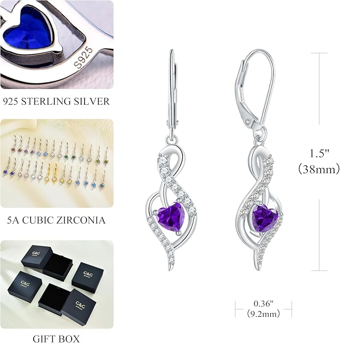 Infinity Heart Dangle Drop Earrings for Women, 925 Sterling Silver Birthstone Leverback Earrings, Birthday Anniversary Valentines Day Jewelry Gifts for Women Mom Her