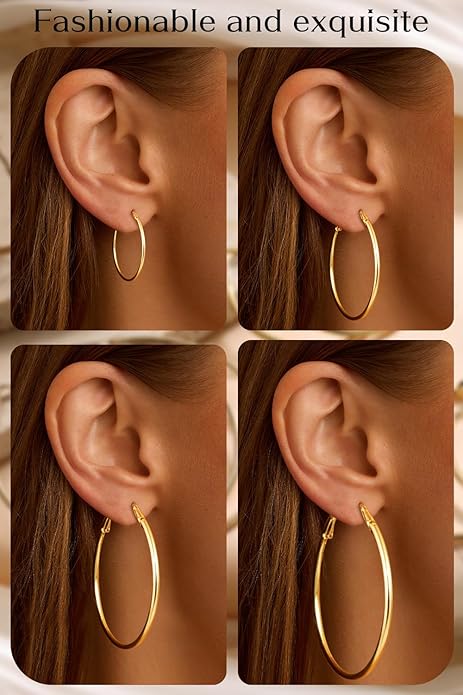 4/6 Pairs Gold Silver Hoop Earrings for Women 14K Gold Plated Hypoallergenic 2mm Thin Hoops Stainless Steel Lightweight Dangle Set 30/40/50/60mm