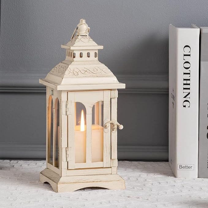 DECORKEY Lanterns Decorative Indoor & Outdoor, Medium Hanging Home Decor, Vintage Metal Decorative Candle Lanterns for Outdoor Patio Wedding Party Beige with Copper Brush
