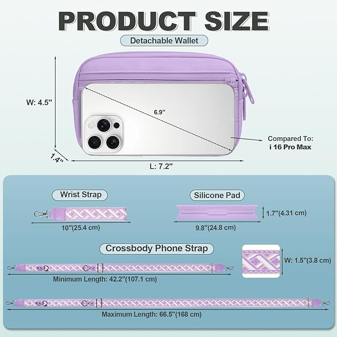 Clip and Go Strap for Phone with Wallet Crossbody, Adjustable Phone Lanyard with Detachable RFID Wristlet Wallet, Pattern Strap - Purple (L)