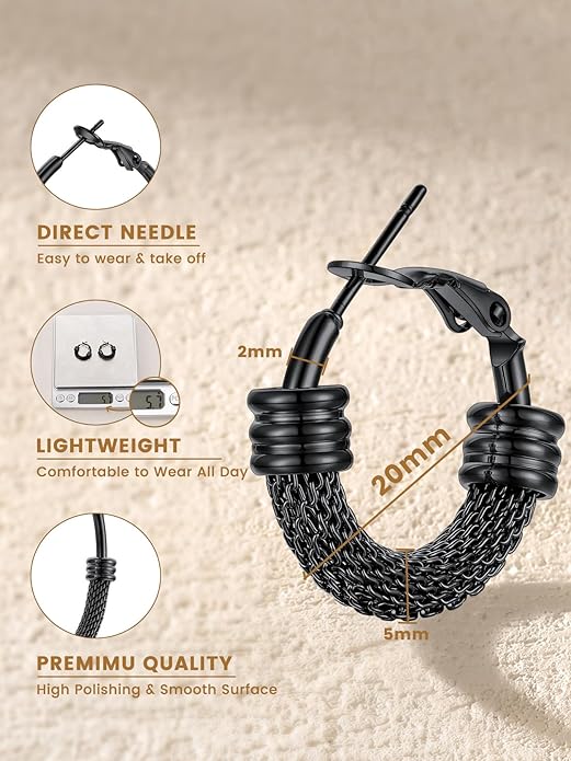 KeyStyle Mesh Hoop Earrings for Women, Stainless Steel Gold Hoops Earring Lightweight Loops, 2MM Thick Hypoallergenic Circle Endless Hollow Hoop 20mm-80mm