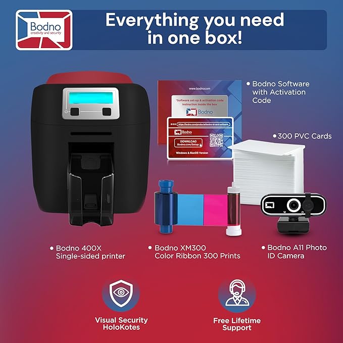 Bodno Magicard 400X Single Sided ID Card Printer & Complete Supplies Package ID Software - Gold Edition