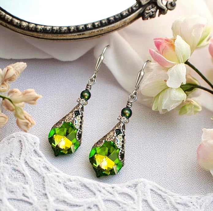Antique Inspired Vintage Victorian Dangle Drop Earrings for Women - Colored Austrian Crystal Leverback Earrings - Jewelry Gift for Her