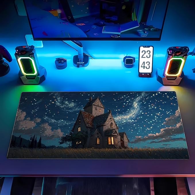 Anime Art Starry Sky Castle Desk Mat - XL Large Gaming Mouse Pad with Non-Slip Base & Stitched Edges, Washable Office Decor (31.5x15.7in)
